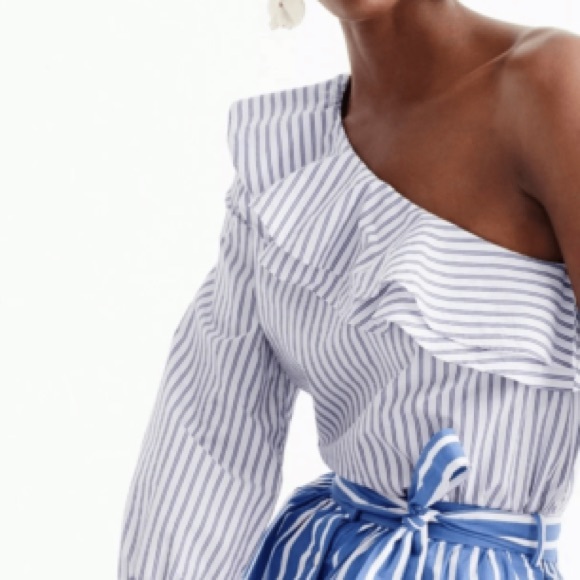 J. Crew Tops - J Crew blue pinstripe one arm blouse sz 2